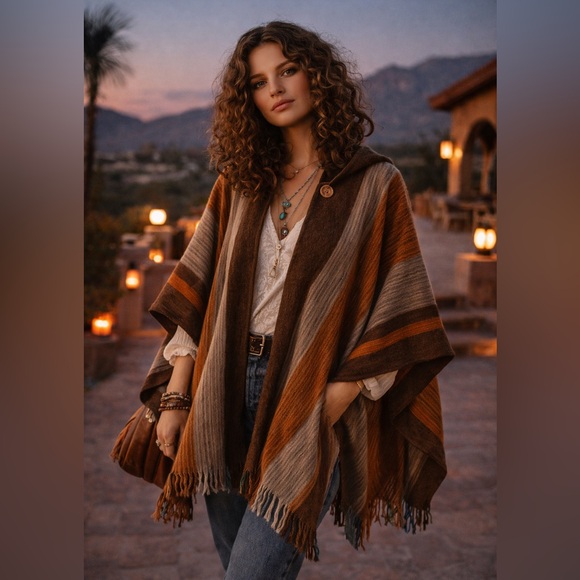 Alpaka Sweaters - Alpaca Blend Hooded Poncho Ecuador Brown Stripe Fringe Boho Ruana OS